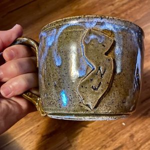 New Jersey state stoneware handmade glazed ceramic mug with shape cutout